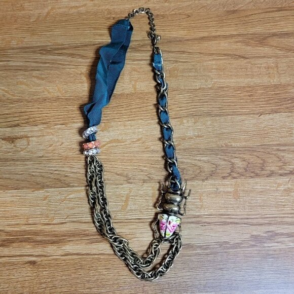 Jewelry - Very Unique Brass Chain Necklace with Teal Ribbon And Beattle Pendent